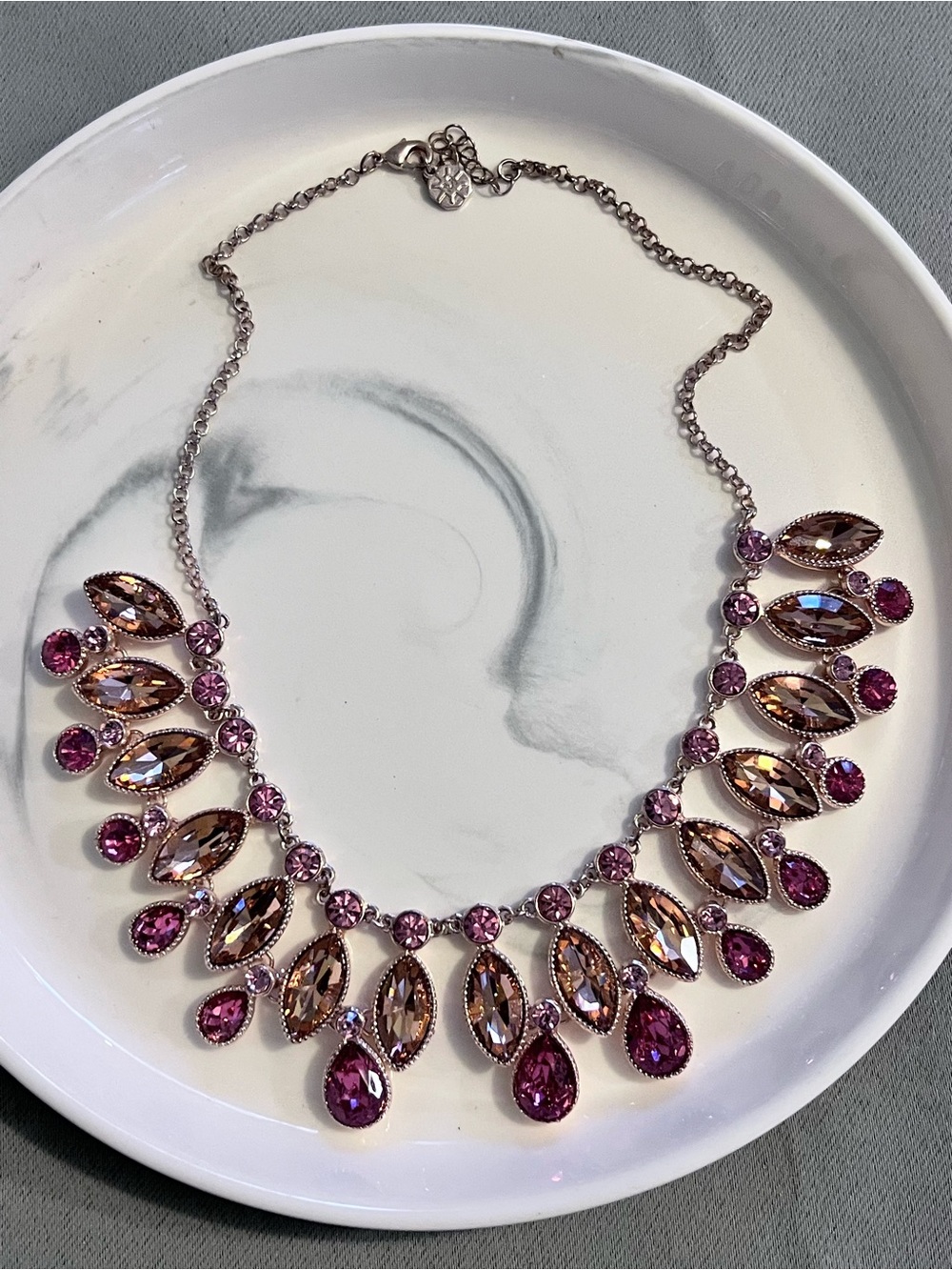 Monet Pink Champagne Crystal Statement Bib Necklace Signed Glam Jewelry Signed